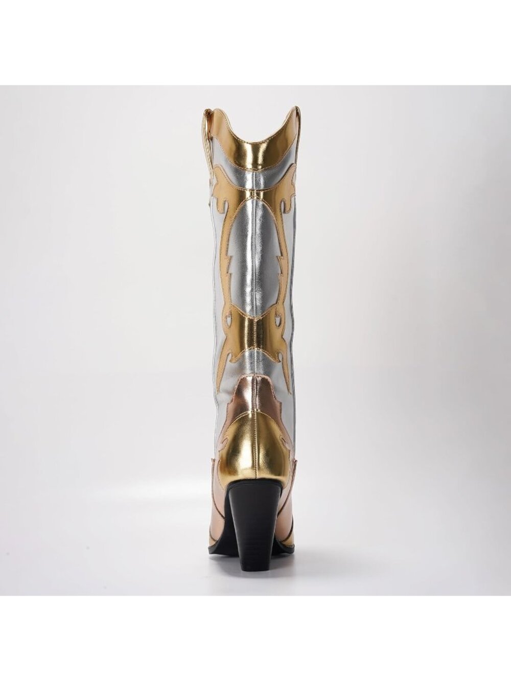 Womenโs Gold Pull-On Metallic Colorblock Cowboy Boots Mid-Calf Pointed Toe Heel - Picture 6 of 6